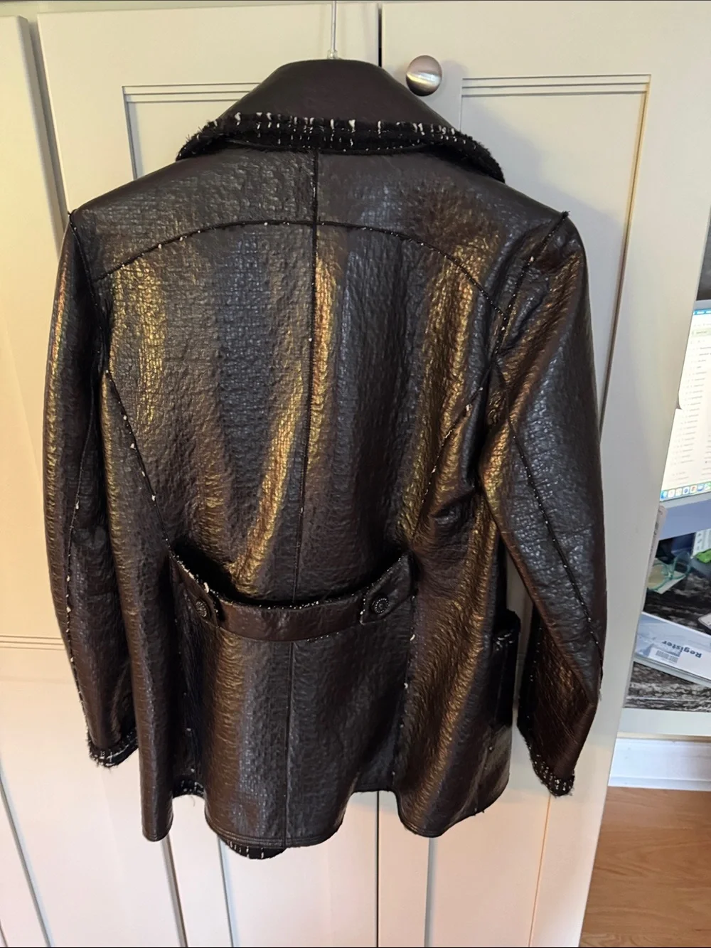 CHANEL Black Leather-Effect Jacket with Tweed Trim